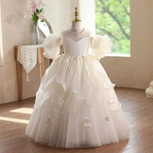 Exquisite Champagne Pearl Appliques Cascading Ruffles Wedding Flower Girl Dresses 2026 Ball Gown Off-The-Shoulder Short Sleeve Backless