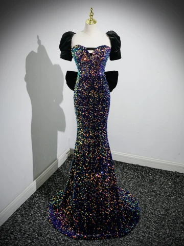 Glitter Sexy Zwarte Pailletten Avondjurken 2023 Trompet Zeemeermin Vierkante Halslijn Gezwollen Korte Mouwen Ruglooze Strik Sweep Trein Gelegenheid Jurken