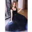 Chic / Beautiful Black Rhinestone Bow Prom Dresses 2022 A-Line / Princess Spaghetti Straps Sleeveless Backless Floor-Length / Long Prom Formal Dresses