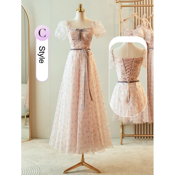 Chic / Belle Rougissant Rose Robe Demoiselle D'honneur 2023 Princesse Encolure Carrée Manches Courtes Dos Nu Noeud Ceinture Longue Robe Demoiselle D'honneur