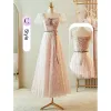 Chic / Beautiful Blushing Pink Bridesmaid Dresses 2023 A-Line / Princess Square Neckline Short Sleeve Backless Bow Sash Floor-Length / Long Bridesmaid Dresses