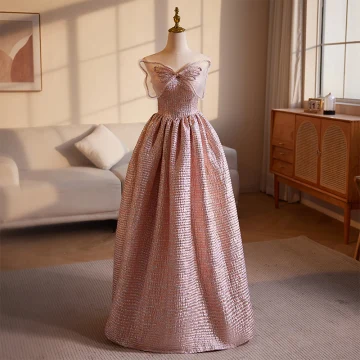 Charming Blushing Pink Glitter Prom Dresses 2024 A Line Princess Strapless Bow Sleeveless Backless Floor Length Long Prom Formal Dresses