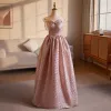Charming Blushing Pink Glitter Prom Dresses 2024 A-Line / Princess Strapless Bow Sleeveless Backless Floor-Length / Long Prom Formal Dresses