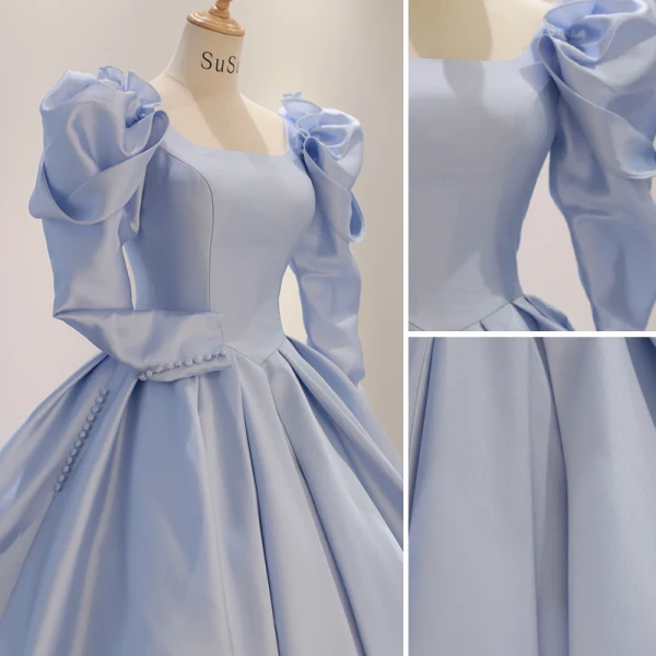 Illusion Himmelblau Satin Winter Ballkleider 2023 Ballkleid Eckiger Ausschnitt Lange Ärmel Rückenfreies Schleife Kapelle-Schleppe Ball Festliche Kleider