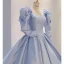 Illusion Himmelblau Satin Winter Ballkleider 2023 Ballkleid Eckiger Ausschnitt Lange Ärmel Rückenfreies Schleife Kapelle-Schleppe Ball Festliche Kleider