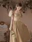 Modest / Simple Champagne Gold Satin Prom Dresses 2022 A-Line / Princess Square Neckline Pearl Puffy Short Sleeve Backless Floor-Length / Long Formal Dresses