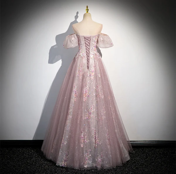 Schöne Rosa Perlenstickerei Applikationen Pailletten Ballkleider 2024 A Linie Off Shoulder Kurze Ärmel Rückenfreies Lange Ball Festliche Kleider