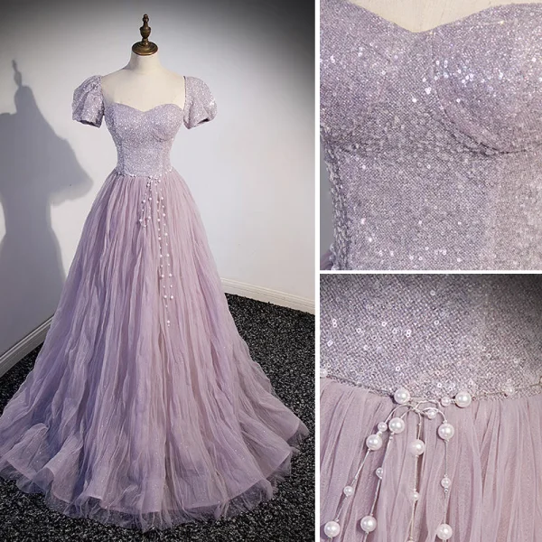 Chic / Beautiful Lavender Beading Sequins Prom Dresses 2022 A-Line / Princess Strapless Short Sleeve Backless Bow Pearl Floor-Length / Long Prom Formal Dresses