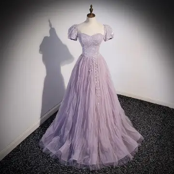 Chic Belle Lavande Perlage Paillettes Robe De Bal 2022 Princesse Bustier Manches Courtes Dos Nu Noeud Perle Longue Promo Robe De Ceremonie