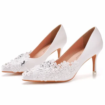 Elegant White Lace Flower Wedding Shoes 2022 Pearl Rhinestone 7 Cm Stiletto Heels Pointed Toe Wedding Pumps High Heels