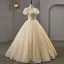 Charming Bling Bling Champagne Prom Dresses 2023 Ball Gown Scoop Neck Beading Bow Sequins Short Sleeve Backless Floor-Length / Long Prom Formal Dresses
