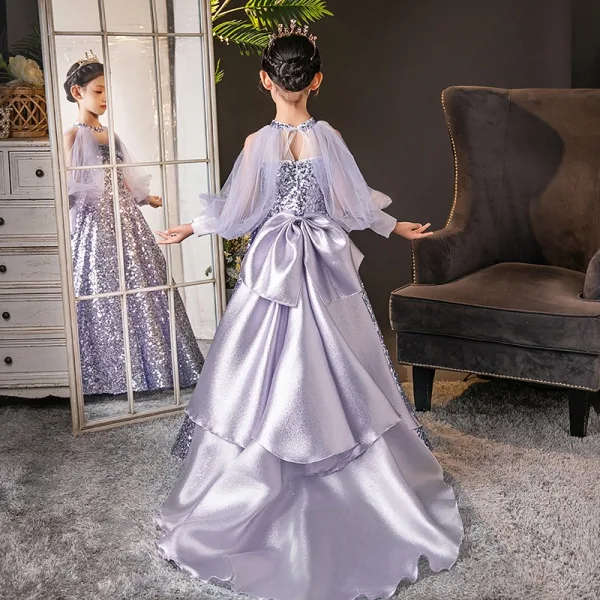Sparkly Lavender Bow Sequins Birthday Flower Girl Dresses 2025 Ball Gown High Neck Long Sleeve Sweep Train