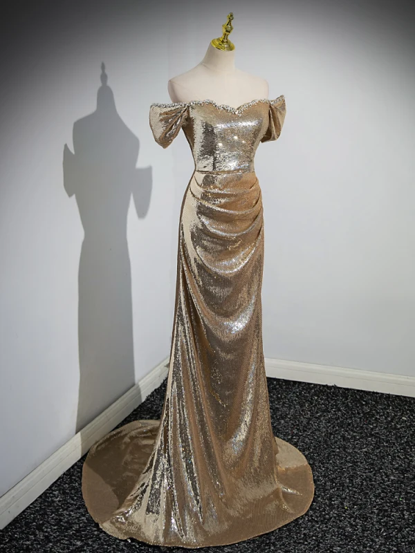 Scintillantes Doré Paillettes Robe De Soirée 2023 Trompette / Sirène De l'épaule Manches Courtes Dos Nu Train De Balayage Soirée Robe De Ceremonie