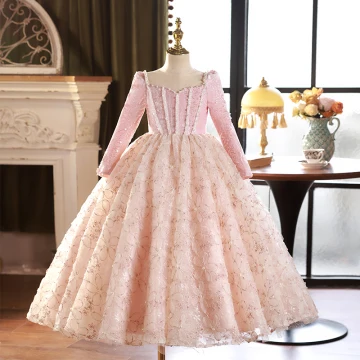 Chic Beautiful Blushing Pink Beading Pearl Sequins Birthday Flower Girl Dresses 2024 Ball Gown Square Neckline Long Sleeve Tea Length