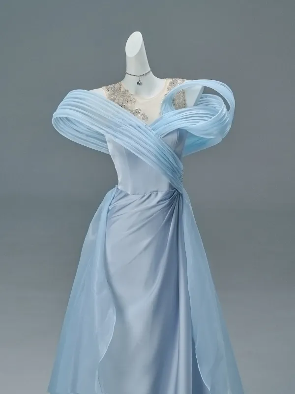 Fashion Sky Blue Beading Sequins Satin Prom Dresses 2026 A-Line / Princess Off-The-Shoulder Sleeveless Backless Sweep Train Formal Dresses