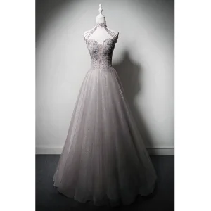 Haut De Gamme Sexy Gris Lavande Perlage Paillettes Gland Robe De Bal 2023 Princesse Col Haut Sans Manches Dos Nu Longue Promo