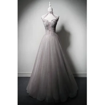 High End Sexy Grey Lavender Beading Sequins Tassel Prom Dresses 2023 A Line Princess High Neck Sleeveless Backless Floor Length Long Prom