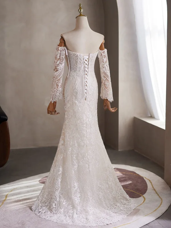 Élégant Blanche Perlage Paillettes Robe De Mariée 2026 Trompette / Sirène De l'épaule 3/4 Manches Dos Nu Longue Mariage