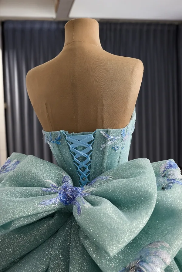 Luxury / Gorgeous Mint Green Handmade  Glitter Sequins Beading Prom Dresses 2025 Ball Gown Strapless Sleeveless Backless Bow Royal Train Formal Dresses