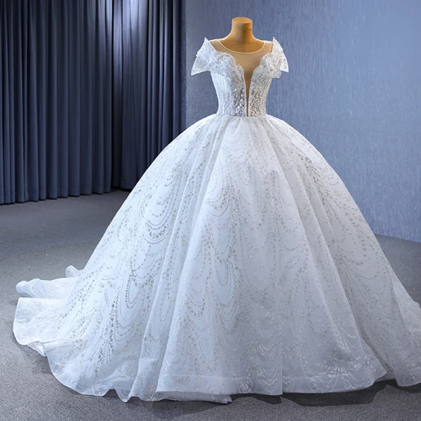 High End Weiß Handgefertigt Perlenstickerei Perle Pailletten Brautkleider / Hochzeitskleider 2023 Ballkleid Rundhalsausschnitt Kurze Ärmel Rückenfreies Kapelle-Schleppe Hochzeit