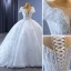 High End Weiß Handgefertigt Perlenstickerei Perle Pailletten Brautkleider / Hochzeitskleider 2023 Ballkleid Rundhalsausschnitt Kurze Ärmel Rückenfreies Kapelle-Schleppe Hochzeit