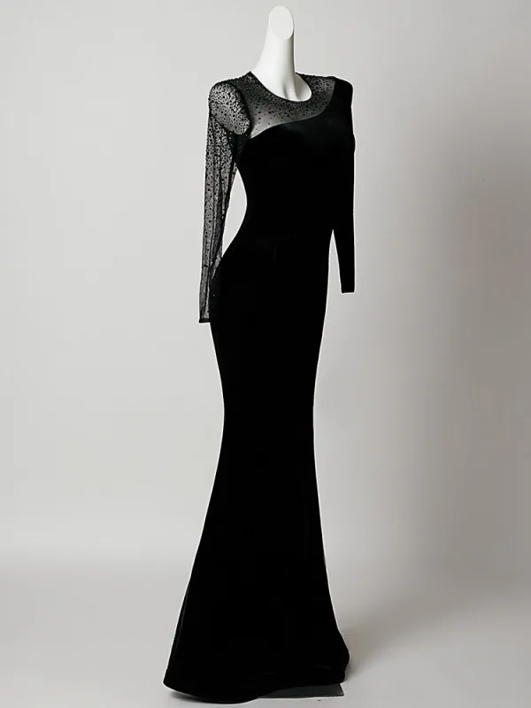 Sexy Black Beading Evening Dresses 2026 Trumpet / Mermaid Scoop Neck Long Sleeve Floor-Length / Long Formal Dresses