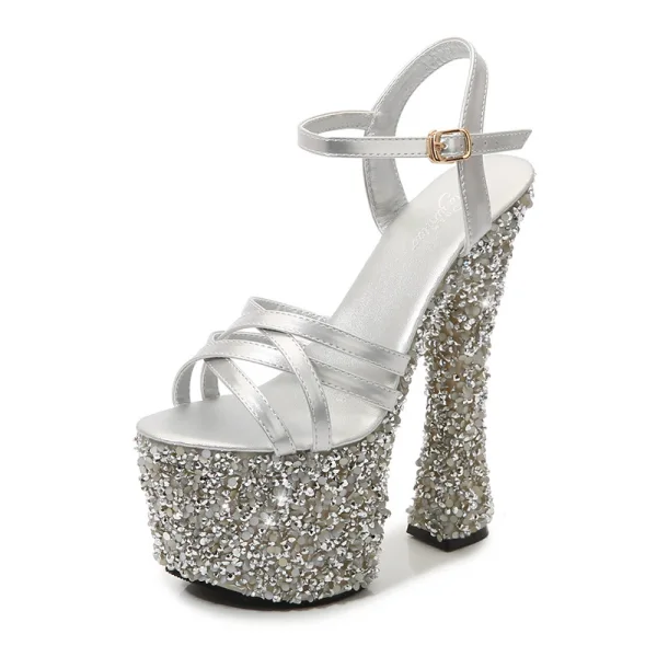 Glitzernden Schwarz Sexy Abend Strass Sandalen Damen 2023 Knöchelriemen 14 cm Thick Heels Peeptoes Sandaletten Hochhackige