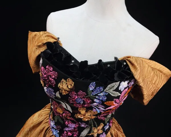 Élégant Doré Paillettes En Dentelle Fleur Robe De Bal 2025 Robe Boule De l'épaule Sans Manches Dos Nu Longue Promo Robe De Ceremonie