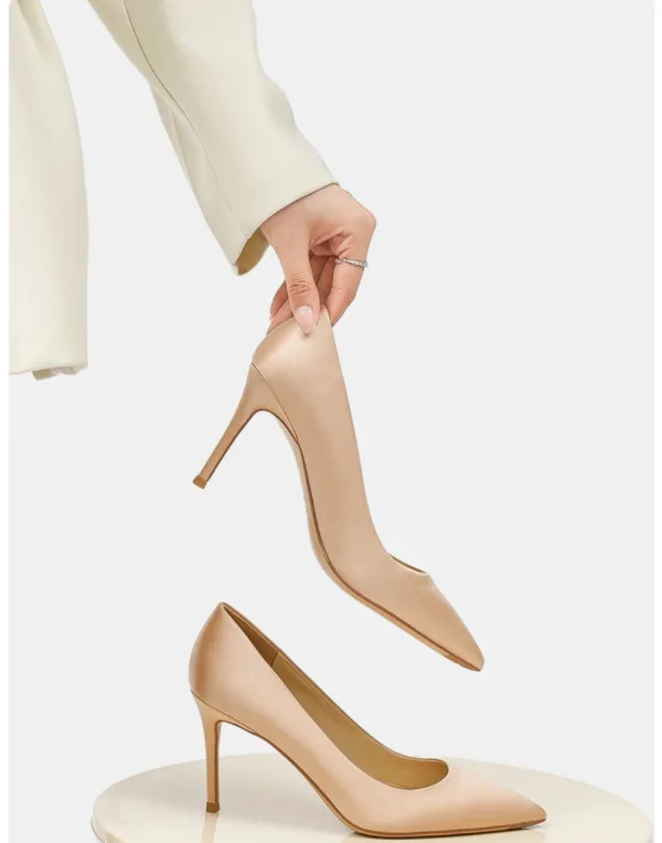 Élégant Champagne Fait main Promo Escarpins 2024 Cuir 8 cm Talons Aiguilles À Bout Pointu Escarpins Talons Hauts