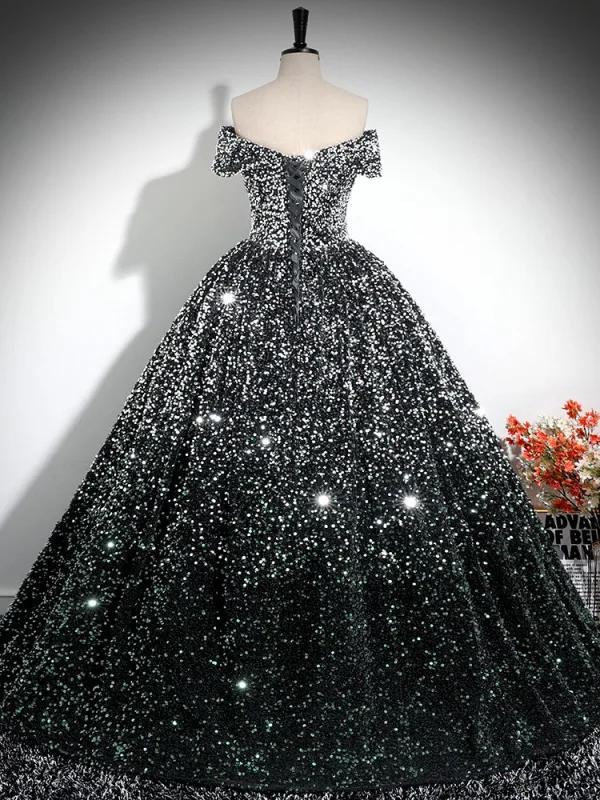 Scintillantes Noire Paillettes Robe De Bal 2024 Robe Boule De l'épaule Manches Courtes Dos Nu Longue Promo Robe De Ceremonie