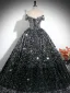 Scintillantes Noire Paillettes Robe De Bal 2024 Robe Boule De l'épaule Manches Courtes Dos Nu Longue Promo Robe De Ceremonie