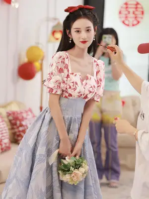 Chic Beautiful Red Lace Flower Prom Dresses 2022 A Line Princess Square Neckline Short Sleeve Backless Tea Length Prom Formal Dresses