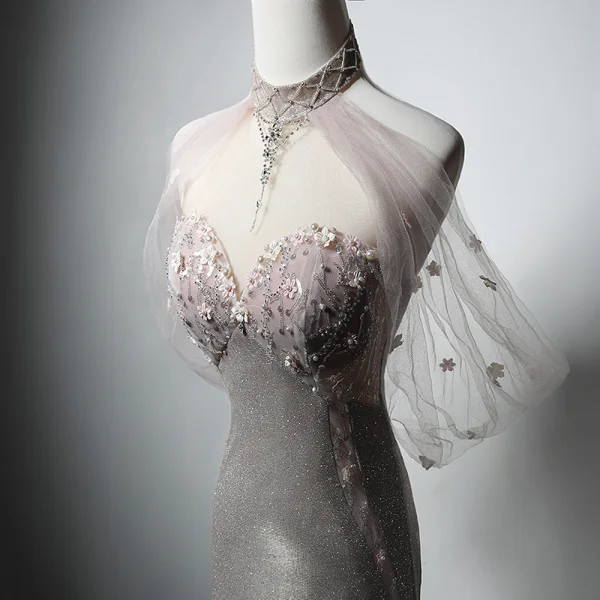 Haut de Gamme Rougissant Rose Perlage Faux Diamant Paillettes Robe De Soirée 2024 Trompette / Sirène Titulaire Sans Manches Dos Nu Train De Balayage Soirée Robe De Ceremonie