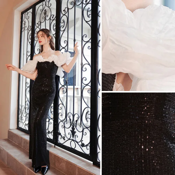 Charmant Noire Paillettes Robe De Soirée 2022 Trompette / Sirène Volants De l'épaule Manches Courtes Dos Nu Longue Robe De Ceremonie
