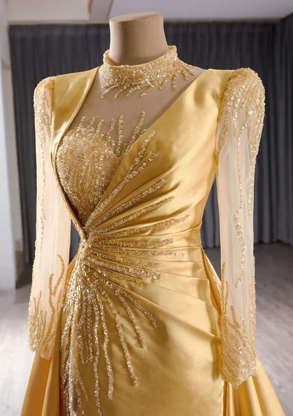 High-end Vintage / Retro Gold Sequins Trumpet / Mermaid Prom Dresses 2024 High Neck Long Sleeve Backless Sweep Train Prom Formal Dresses