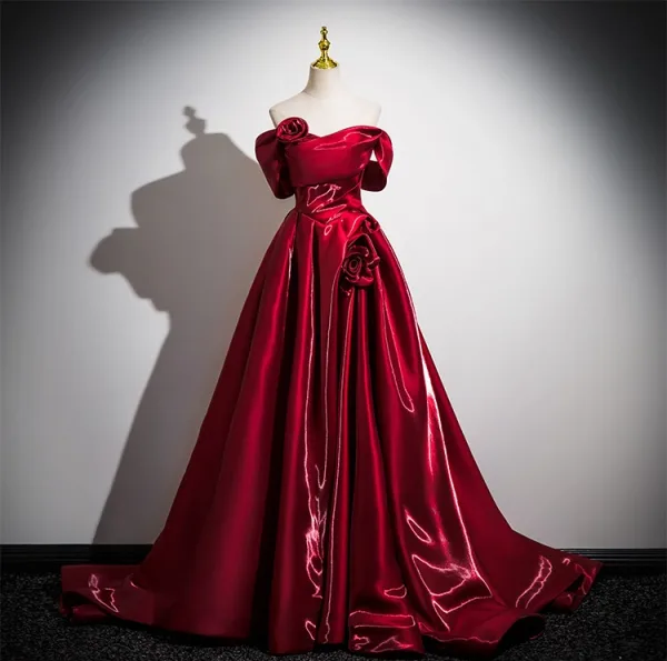 Chic / Beautiful Burgundy Sweep Train Prom Dresses 2025 Ball Gown Off-The-Shoulder Short Sleeve Backless Formal Dresses