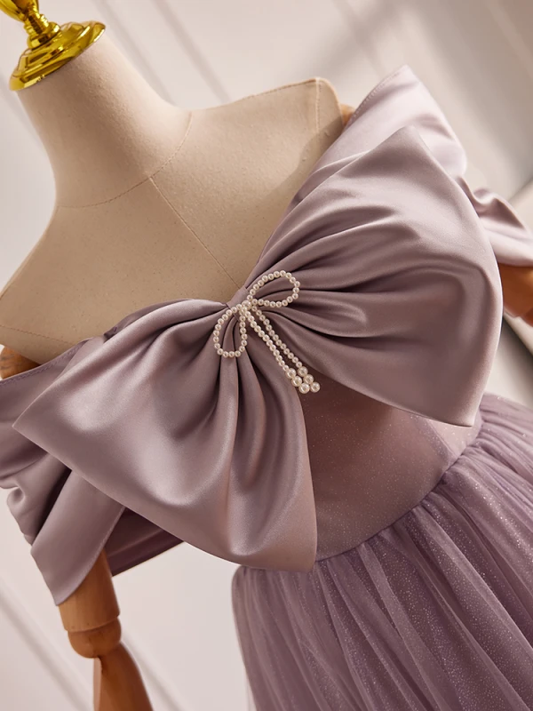 Elegant Lavender Beading Bow Prom Dresses 2024 Ball Gown Off-The-Shoulder Short Sleeve Backless Floor-Length / Long Formal Dresses