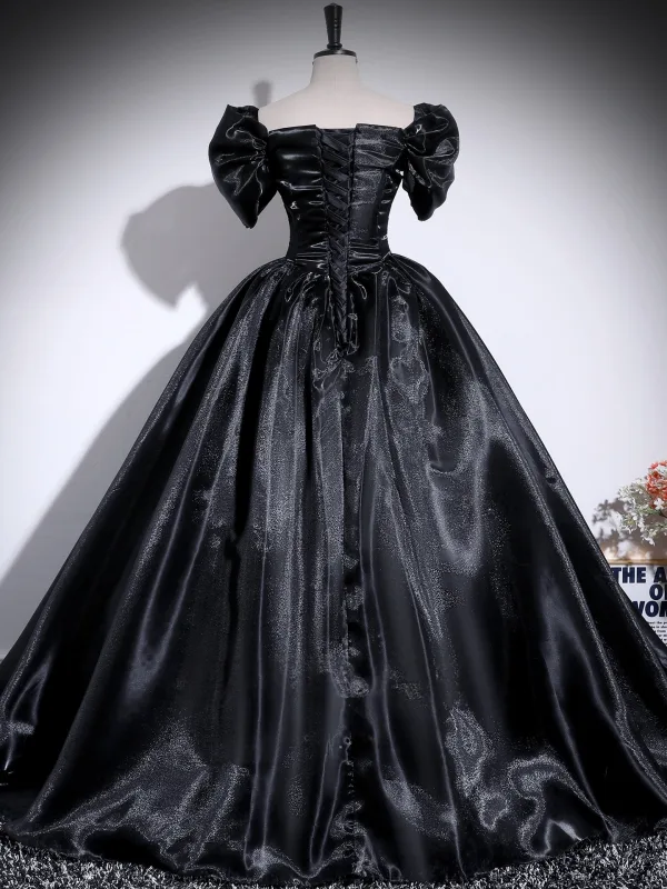 Chic / Beautiful Black Ball Gown Prom Dresses 2025 Off-The-Shoulder Puffy Short Sleeve Backless Floor-Length / Long Formal Dresses
