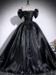 Chic / Beautiful Black Ball Gown Prom Dresses 2025 Off-The-Shoulder Puffy Short Sleeve Backless Floor-Length / Long Formal Dresses