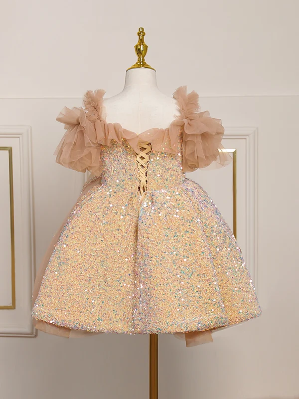 Scintillantes Champagne Perlage Paillettes Anniversaire Courte Robe Ceremonie Fille 2024 Robe Boule Encolure Carrée Manches Courtes Dos Nu