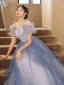 Chic / Beautiful Sky Blue Evening Dresses 2023 A-Line / Princess Spaghetti Straps Short Sleeve Backless Floor-Length / Long Evening Party Formal Dresses