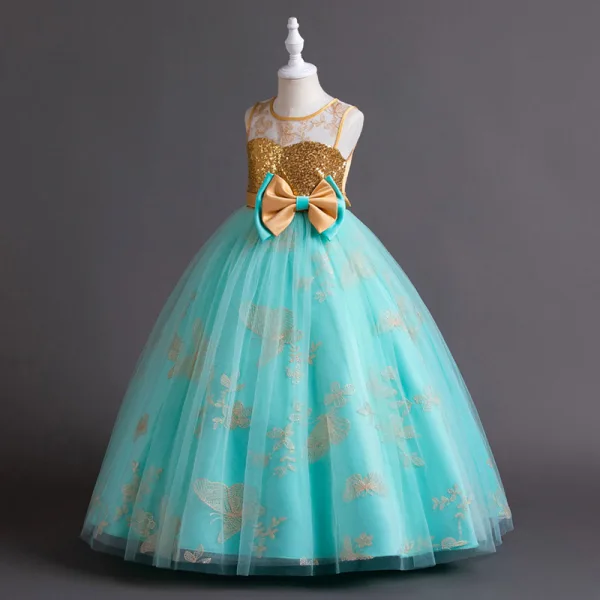 Chic / Beautiful Sky Blue Lace Flower Sequins Flower Girl Dresses 2024 Ball Gown Birthday Sleeveless Scoop Neck Bow Floor-Length / Long