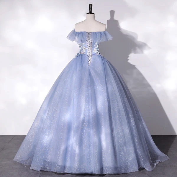 Elegant Sky Blue Pearl Rhinestone Lace Flower Prom Dresses 2022 Ball Gown Off-The-Shoulder Sleeveless Backless Floor-Length / Long Prom Formal Dresses