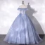 Elegant Sky Blue Pearl Rhinestone Lace Flower Prom Dresses 2022 Ball Gown Off-The-Shoulder Sleeveless Backless Floor-Length / Long Prom Formal Dresses