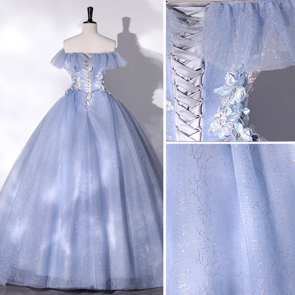 Elegant Sky Blue Pearl Rhinestone Lace Flower Prom Dresses 2022 Ball Gown Off-The-Shoulder Sleeveless Backless Floor-Length / Long Prom Formal Dresses