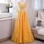Elegant Yellow Beading Lace Flower Appliques Prom Dresses 2023 Ball Gown V-Neck 3/4 Sleeve Backless Floor-Length / Long Prom Formal Dresses