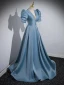 Elegant Pool Blue Satin Prom Dresses 2023 A-Line / Princess V-Neck Short Sleeve Backless Sweep Train Prom Formal Dresses