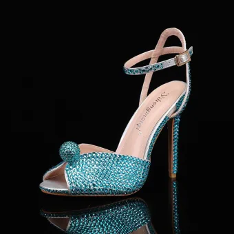 Sexy Sky Blue Rhinestone Evening Party Womens Sandals 2024 Ankle Strap 9 Cm Stiletto Heels Open Peep Toe High Heels