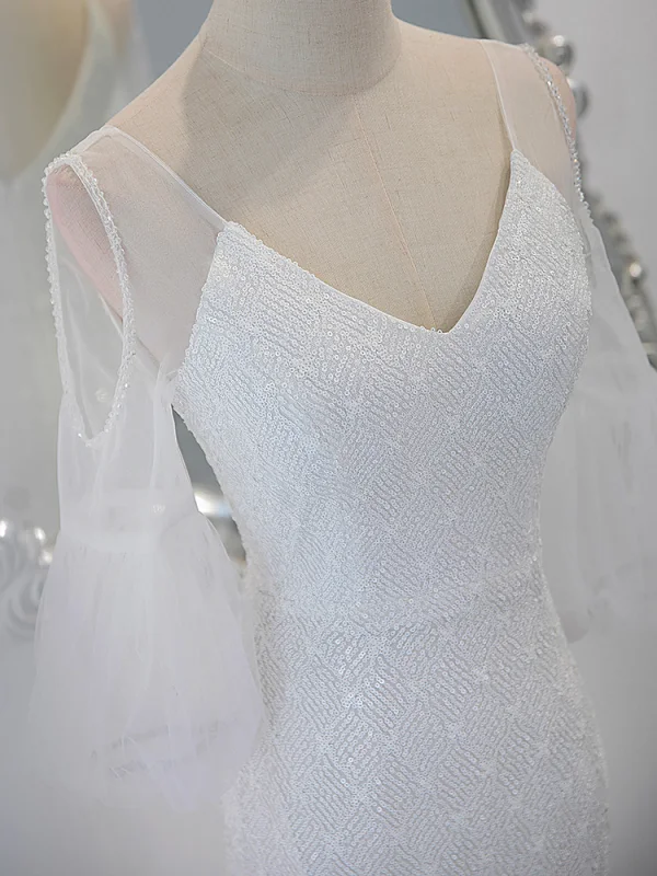 Sparkly White Sequins Evening Dresses 2023 Trumpet / Mermaid V-Neck Short Sleeve Backless Floor-Length / Long Evening Party Formal Dresses