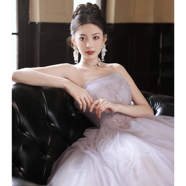Chic / Beautiful Lavender Sequins Lace Flower Prom Dresses 2023 A-Line / Princess Strapless Sleeveless Backless Floor-Length / Long Formal Dresses